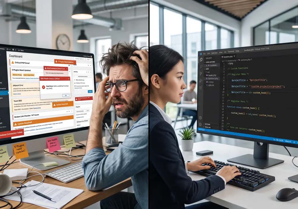 Comparison between WordPress website clutter and clean custom-coded website development environment