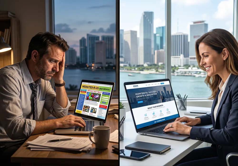 Small business owner frustrated with failing website contrasted with modern high-performing website design