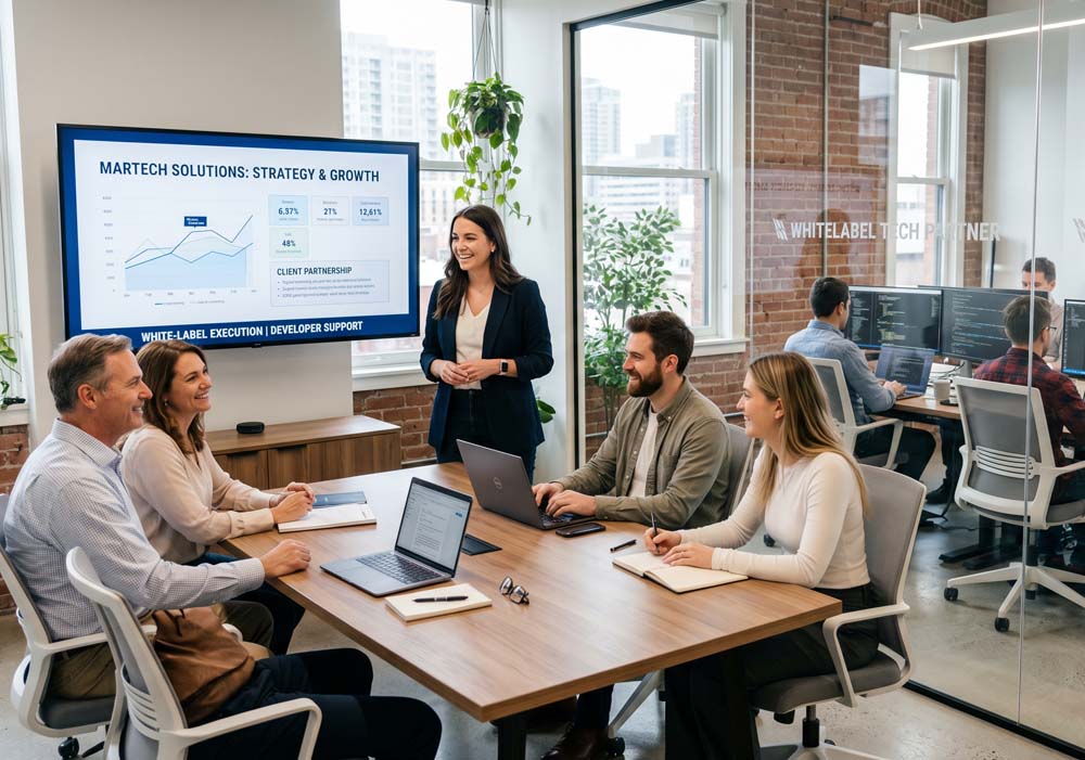 Marketing agency presenting to client while behind-the-scenes web development team supports through white-label services